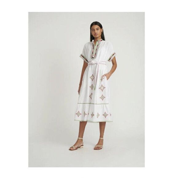 Saloni Ashley Dress in White Long Midi Embroidered Pink Women’s US Size 8/ UK 12 - Picture 1 of 12